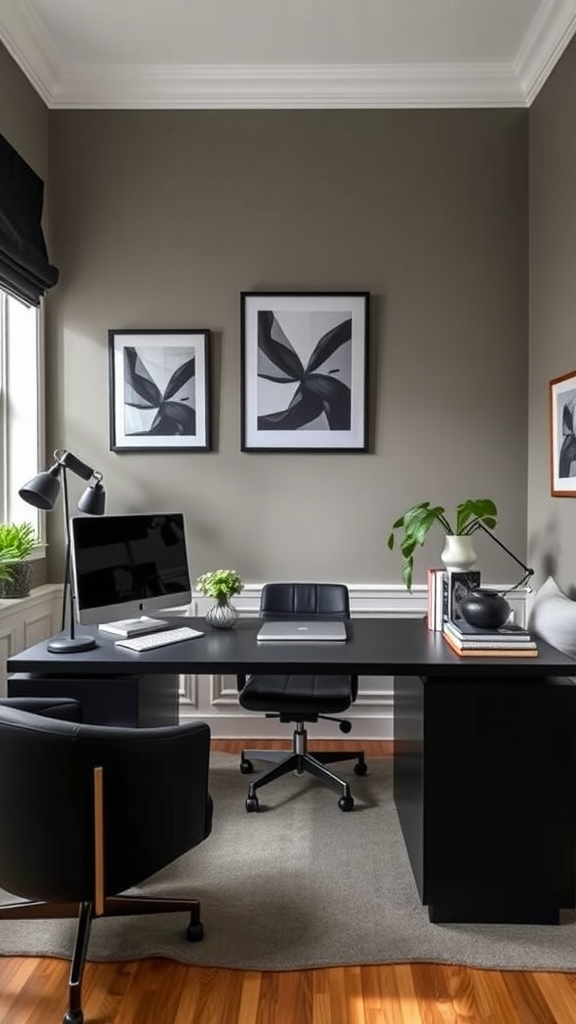 A stylish office setup with a black desk, ergonomic chair, and modern decor.