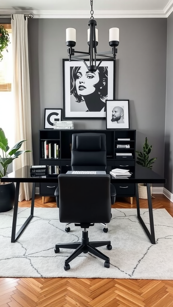 A modern workspace featuring a stylish black desk, ergonomic chair, and striking black and white artwork on the wall.