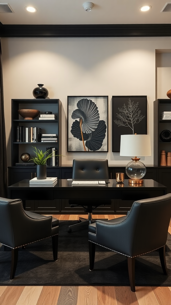 A stylish office with a black desk, comfortable chairs, and elegant decorative accessories.