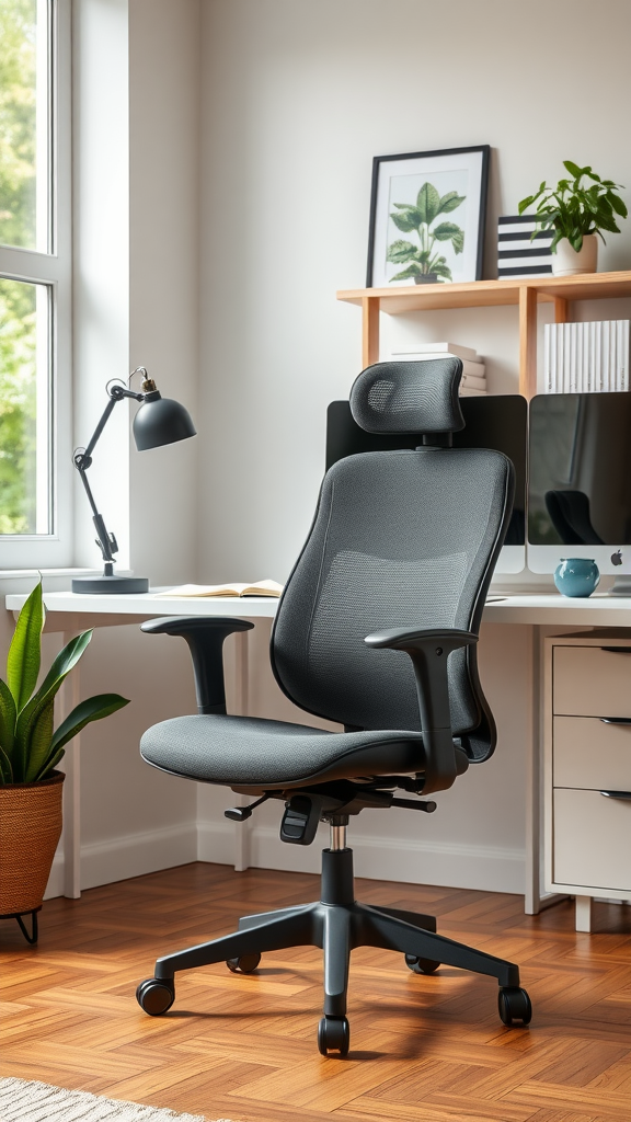 A modern ergonomic chair positioned in a bright office setting with natural light.