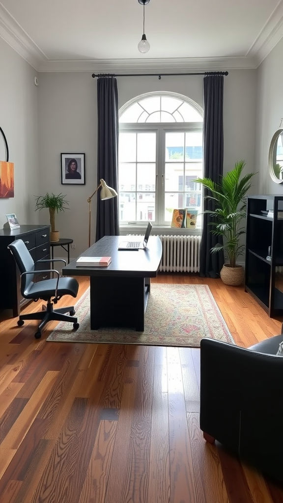 A well-decorated office with wooden flooring, a desk, chair, plants, and natural light.