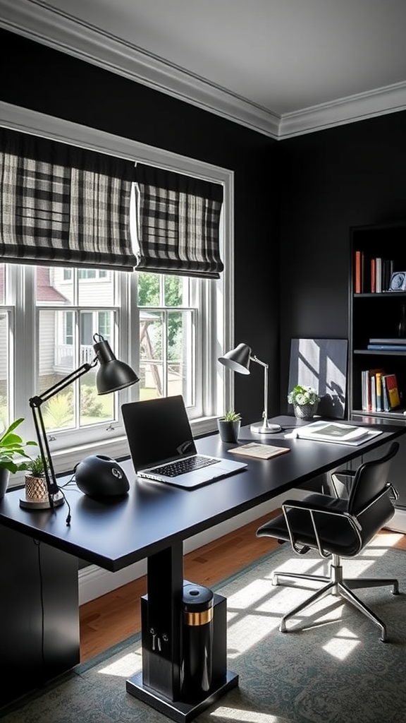 A well-lit home office with a black desk, laptop, and plants near the window.