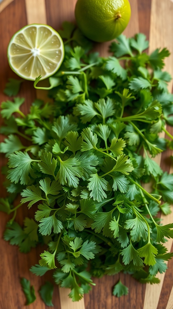 Fresh cilantro with a lime on a wooden cutting board