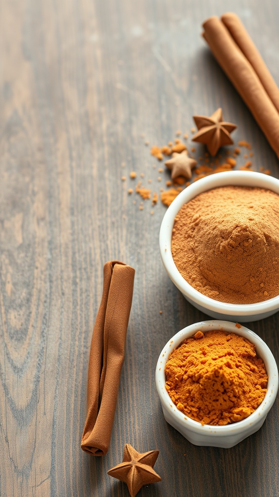 A display of cinnamon sticks and ground cinnamon in bowls on a wooden surface.