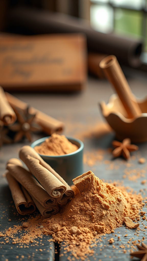 Cinnamon sticks and ground cinnamon on a wooden table with a blue bowl.