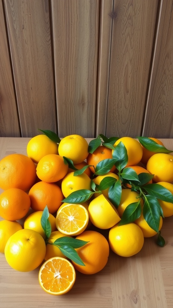 A pile of fresh oranges with green leaves on a wooden surface.