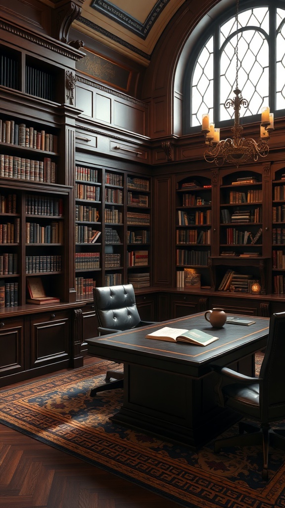 A classic English library style office, featuring dark wood shelves filled with books, a large desk, and elegant decor.