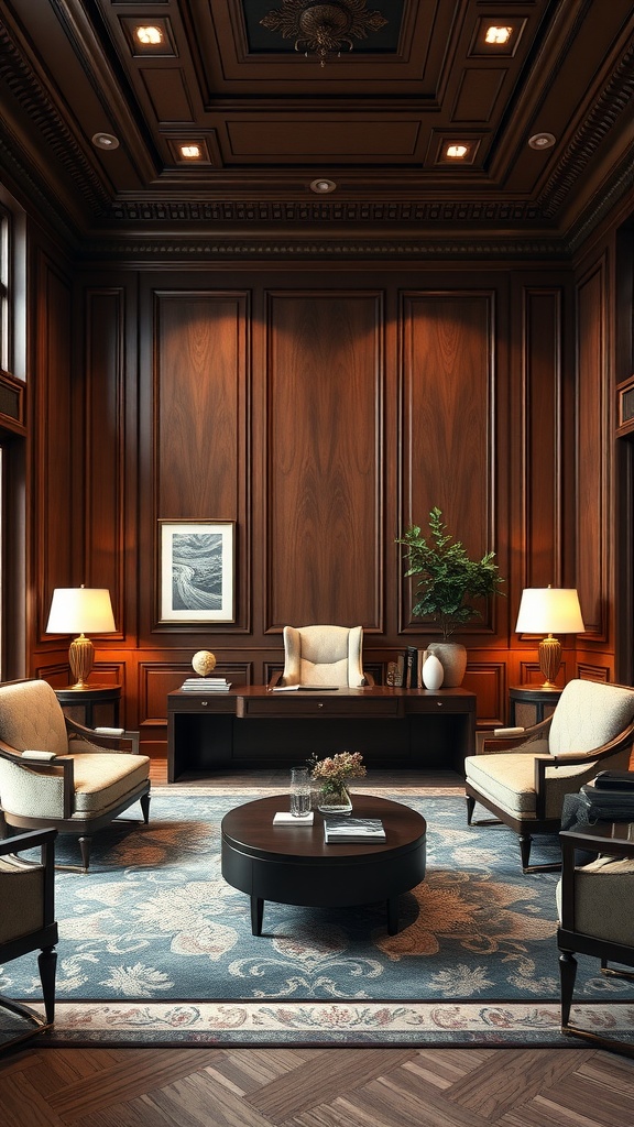 Luxurious executive office with rich wood paneling, elegant furniture, and warm lighting.