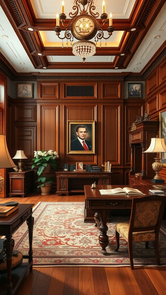 A classic traditional office interior featuring wooden paneling, luxury furniture, and elegant decor.