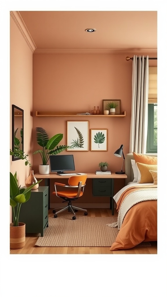 A cozy bedroom with clay brown walls, a green desk, an orange chair, and plants, creating a warm home office aesthetic.