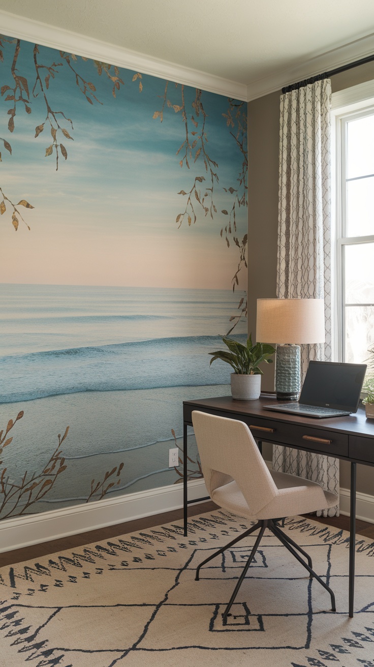 A home office featuring a coastal mural with soft blue ocean waves and leaves, a desk, and a plant.