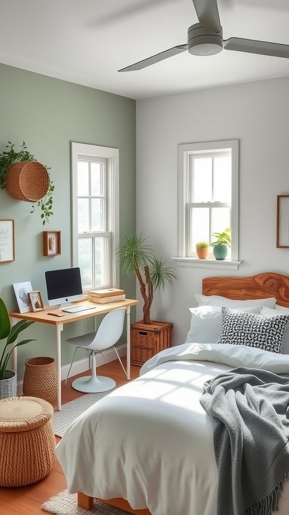 A cozy bedroom with green walls, a desk, and warm wooden accents, creating a coastal vibe.