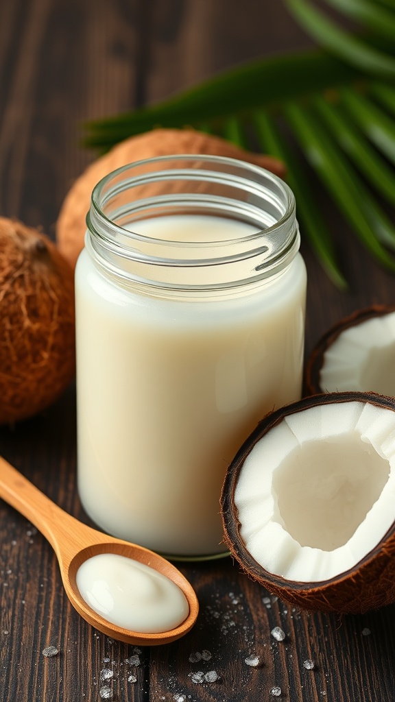 A jar of coconut oil placed next to a halved coconut and wooden spoon on a wooden surface.