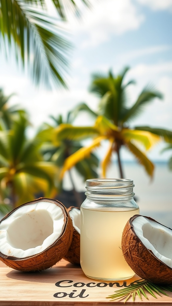 A jar of coconut oil with fresh coconuts in a tropical setting.