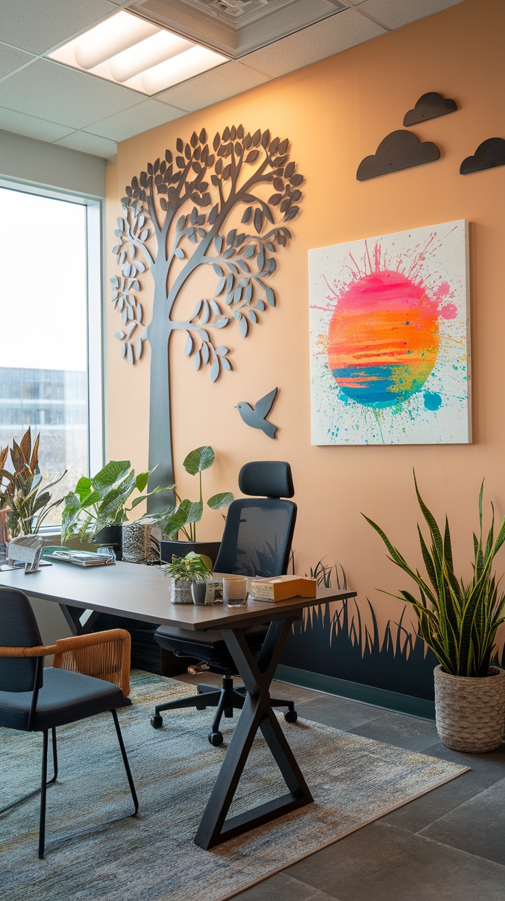 A colorful sunset-themed wall art in a home office with a tree design and plants.