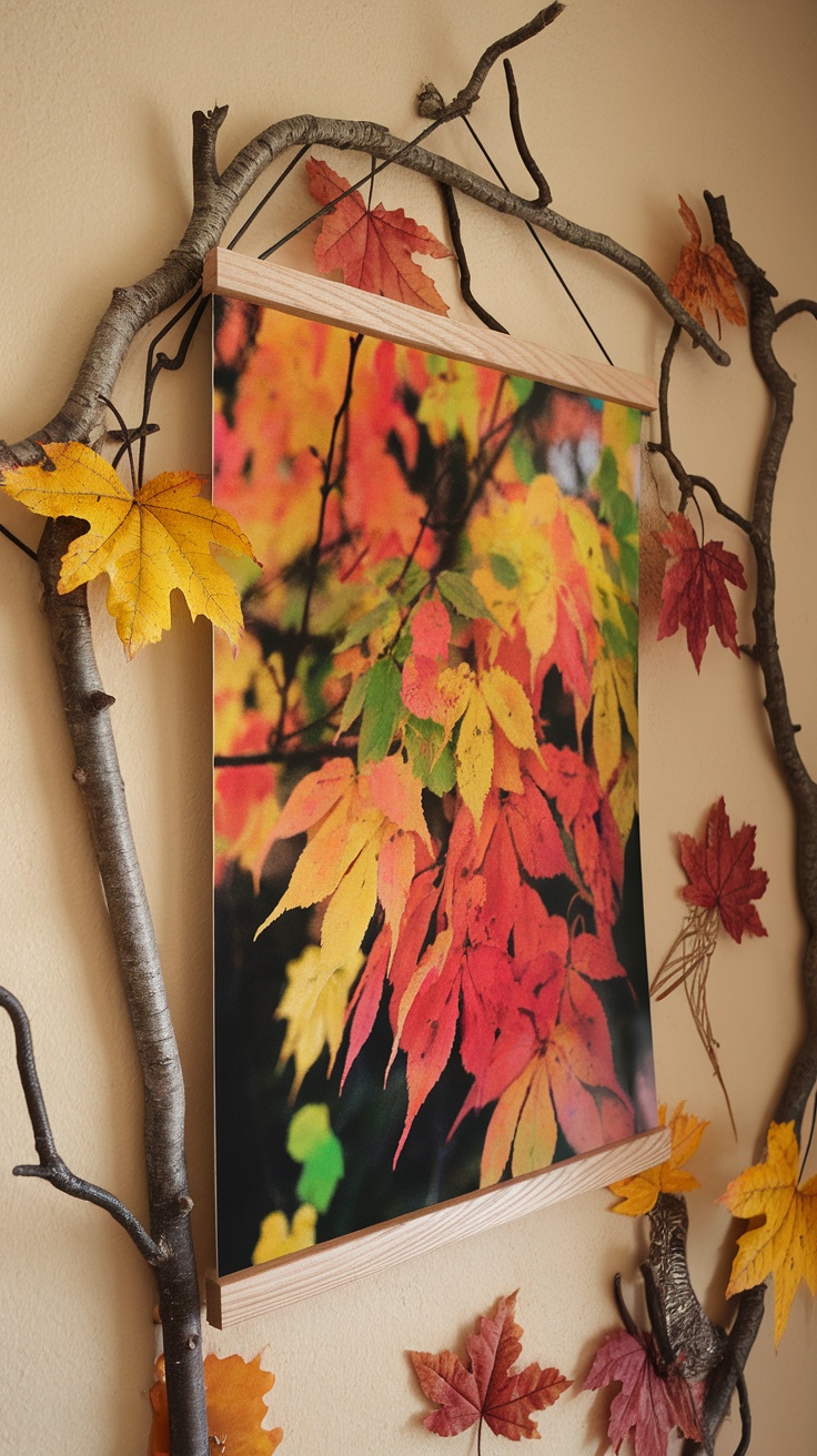 Colorful autumn leaves displayed as wall art, framed with natural twigs