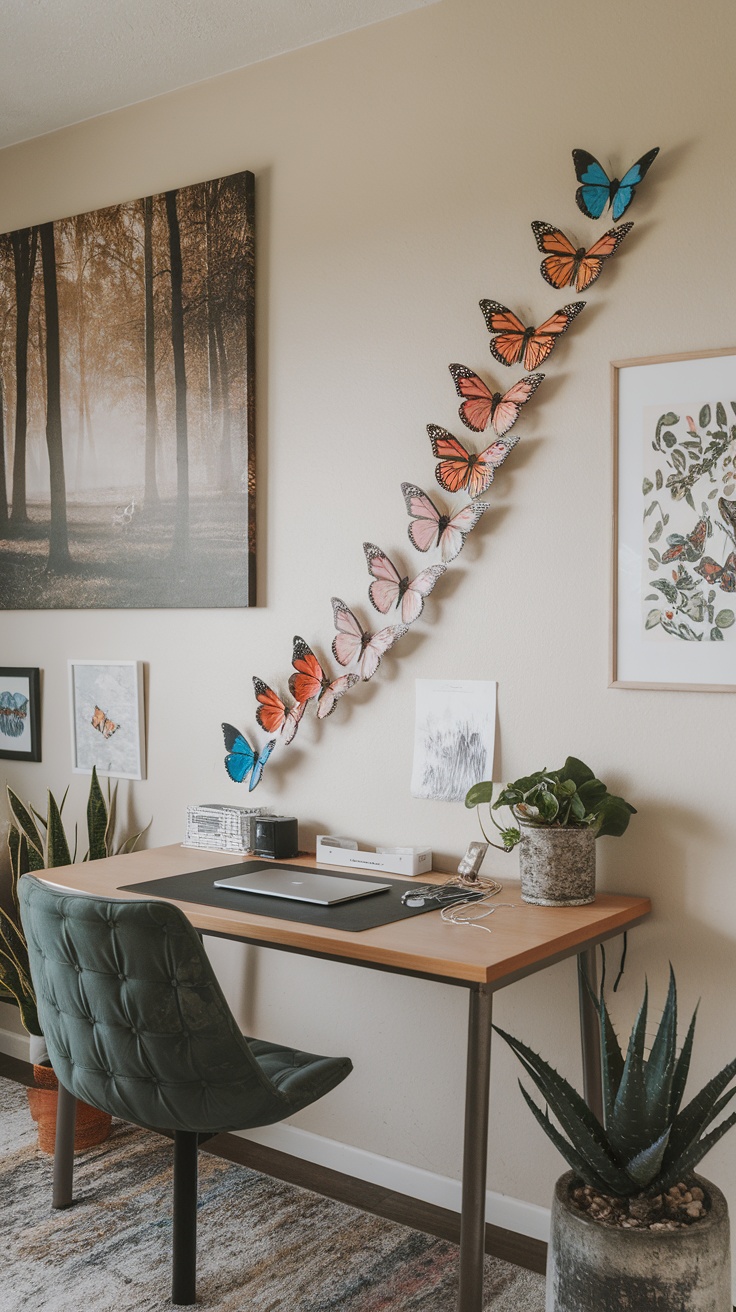 Colorful butterfly prints on a home office wall, showcasing vibrant decor ideas.