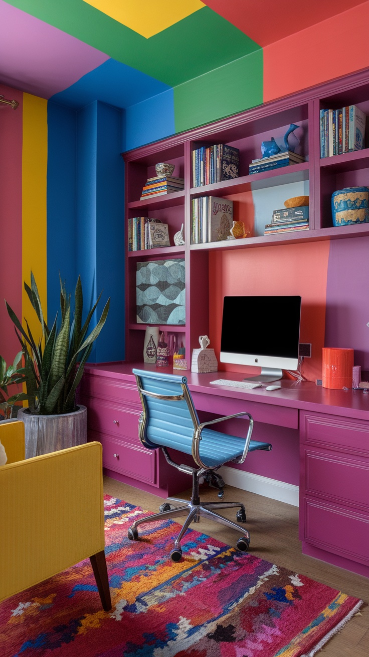 A colorful home office setup with vibrant walls, a purple desk, blue office chair, and a cozy yellow chair.