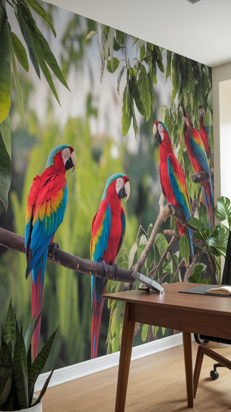 Vibrant print of colorful parrots on a wall in a home office setting