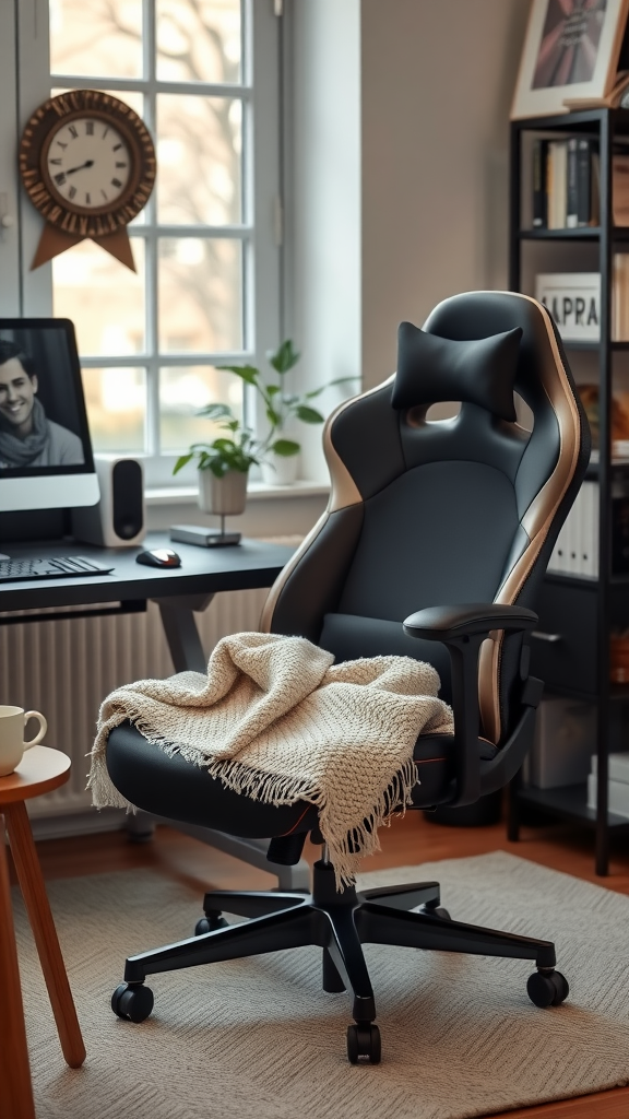 An ergonomic chair with a cozy blanket draped over it, set in a modern workspace.