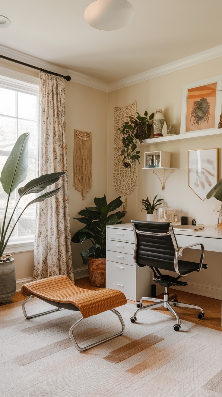 A stylish home office featuring a comfortable footrest and modern decor.