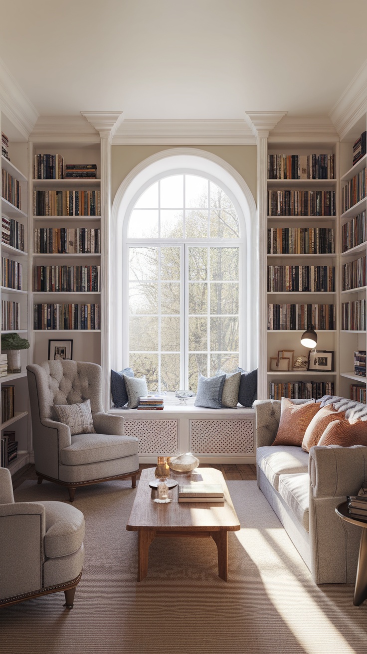 Cozy home office corner with large window, bookshelves, and comfortable seating.