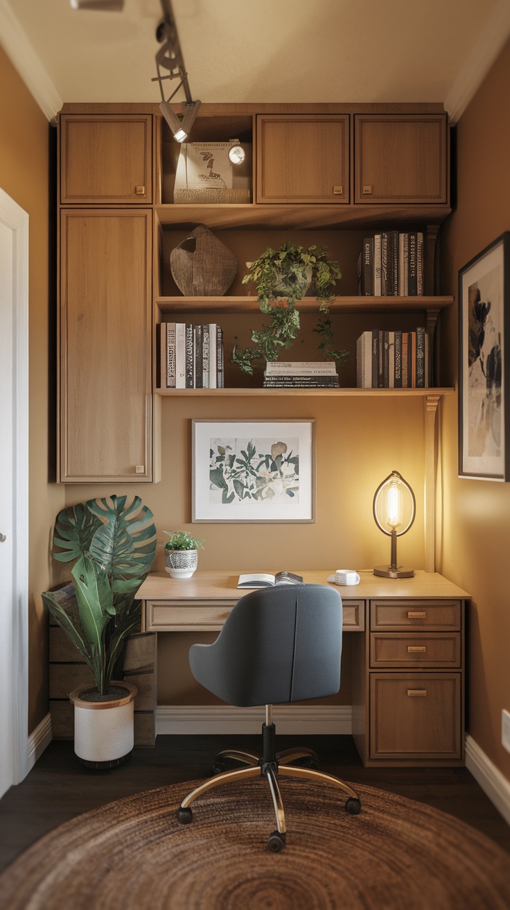 A compact urban home office featuring a wooden desk, stylish lamp, potted plants, and warm wall colors.