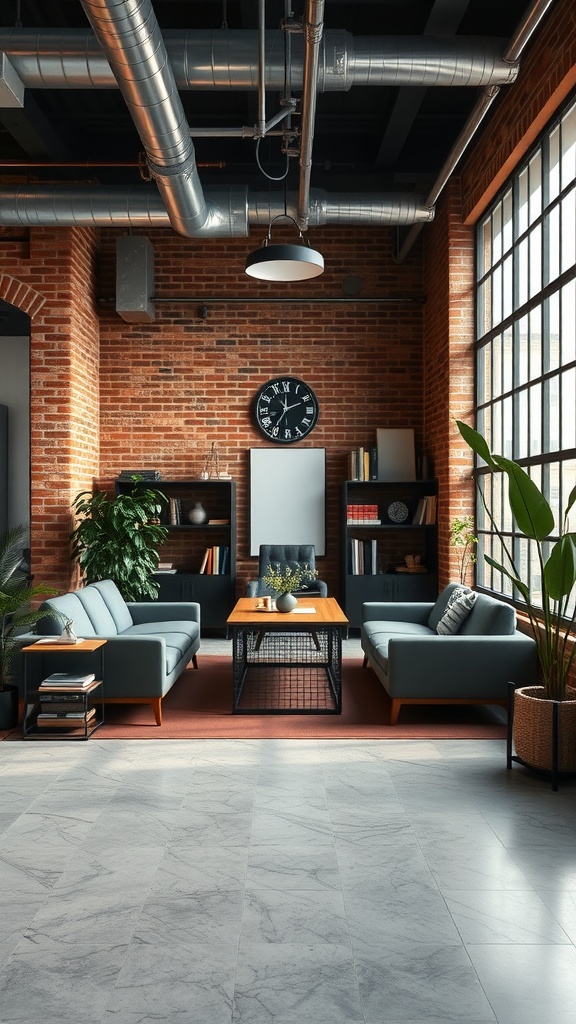 Interior of a contemporary executive office with industrial design elements, featuring brick walls, large windows, and modern furniture.
