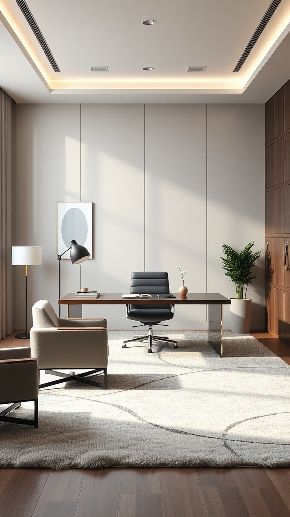 A contemporary minimalist office space with sleek furniture and elegant decor.
