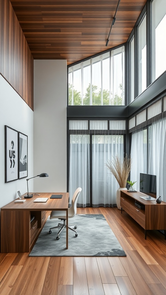 A contemporary home office in Singapore featuring large windows, wood accents, and modern furniture.