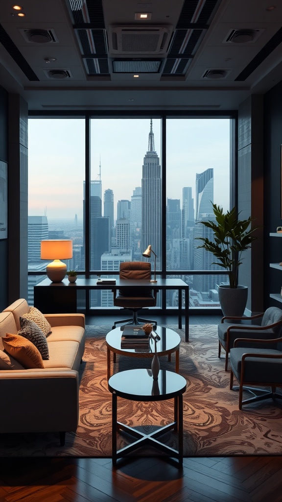 A stylish executive office with a view of the city skyline, featuring modern furniture and a cozy atmosphere.