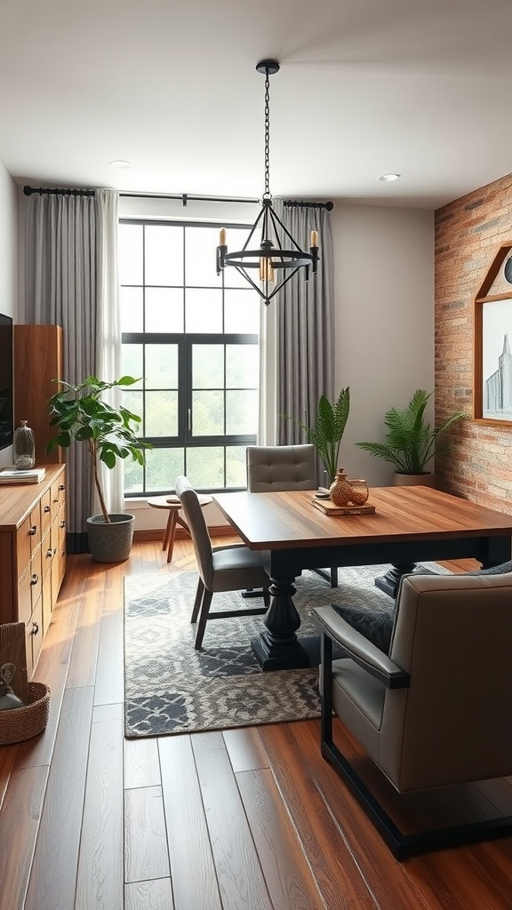A contemporary urban farmhouse office interior showcasing a large wooden table, plush chairs, and plants, with large windows for natural light.