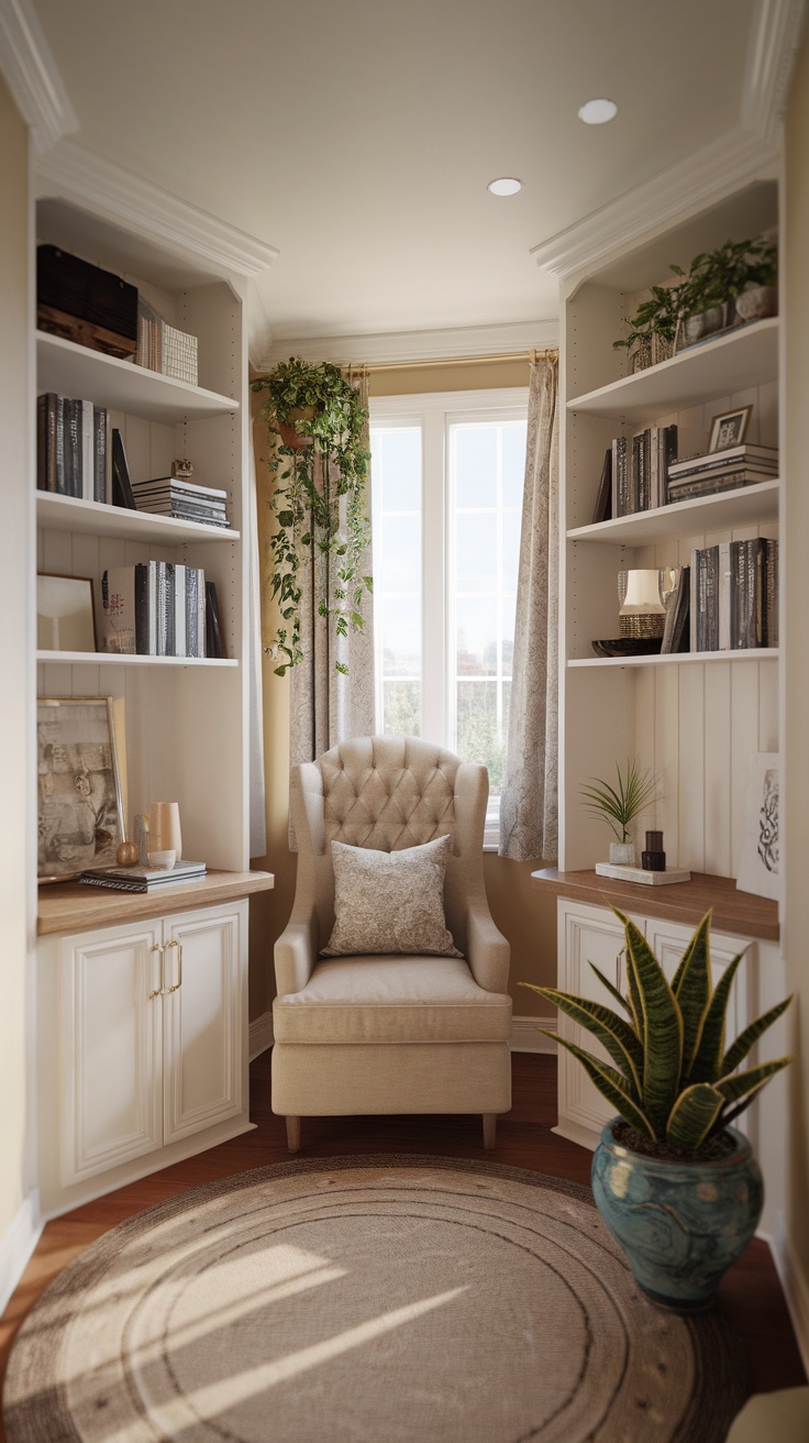 A cozy corner nook designed for a home office, featuring a comfortable chair, bookshelves, and plants.