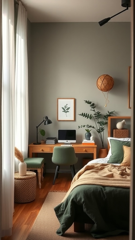 A cozy nook featuring a green and brown palette with a desk setup, plants, and warm bedding.