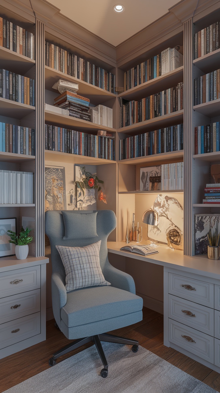 Cozy home office setup featuring a blue office chair, a desk with a lamp, and bookshelves filled with books.