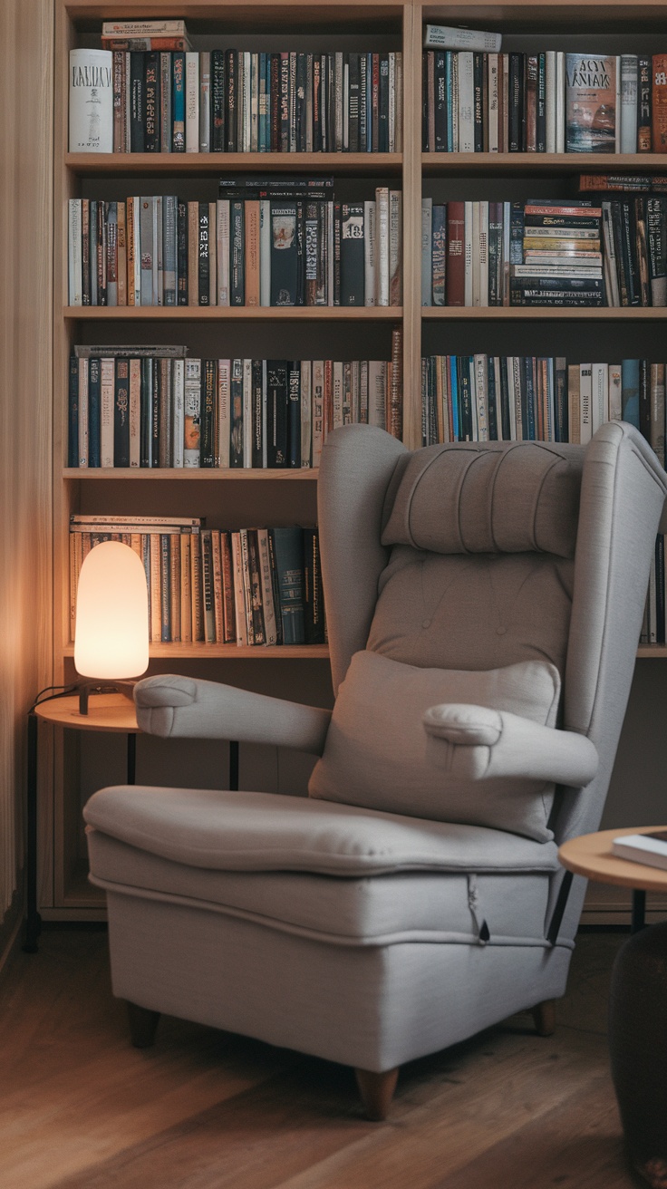 Cozy reading nook with a plush armchair, lamp, and bookshelves filled with books.