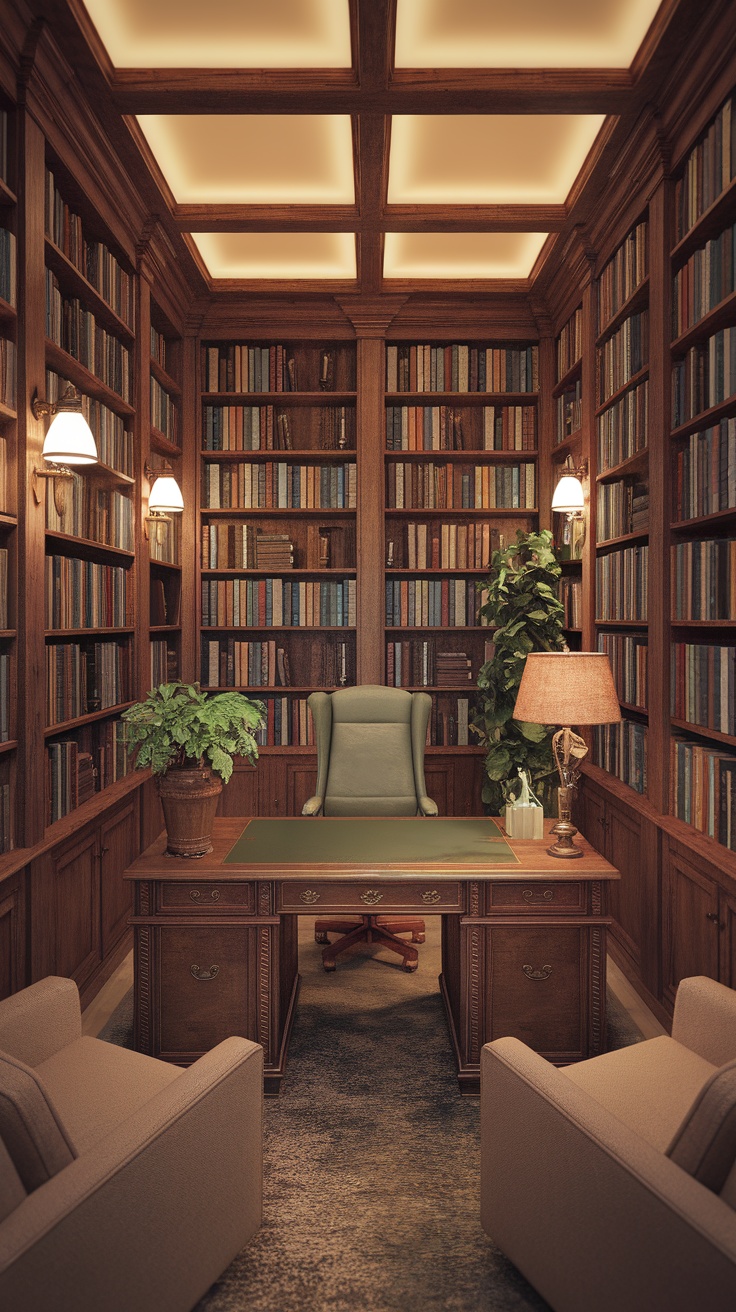 Cozy rustic library office with wooden shelves filled with books, a wooden desk, and inviting lighting