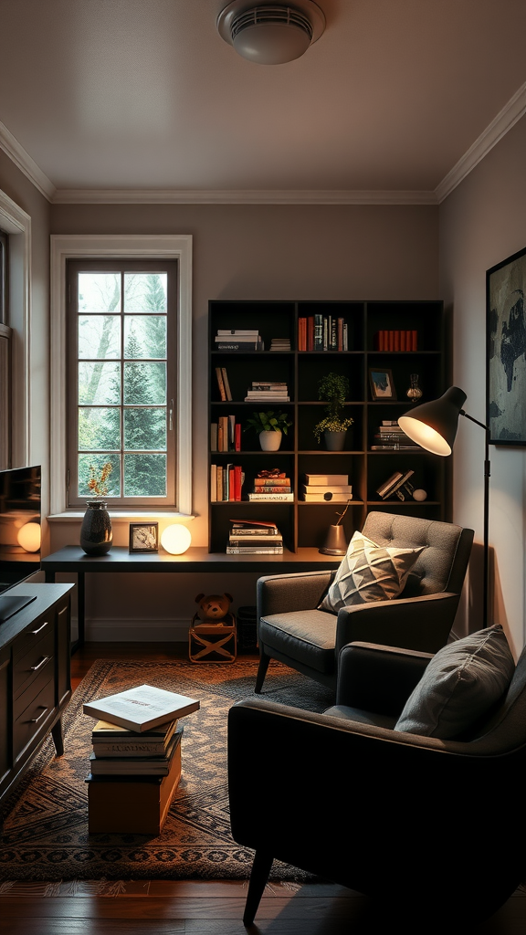 Cozy nook with comfortable seating, a bookshelf, and warm lighting