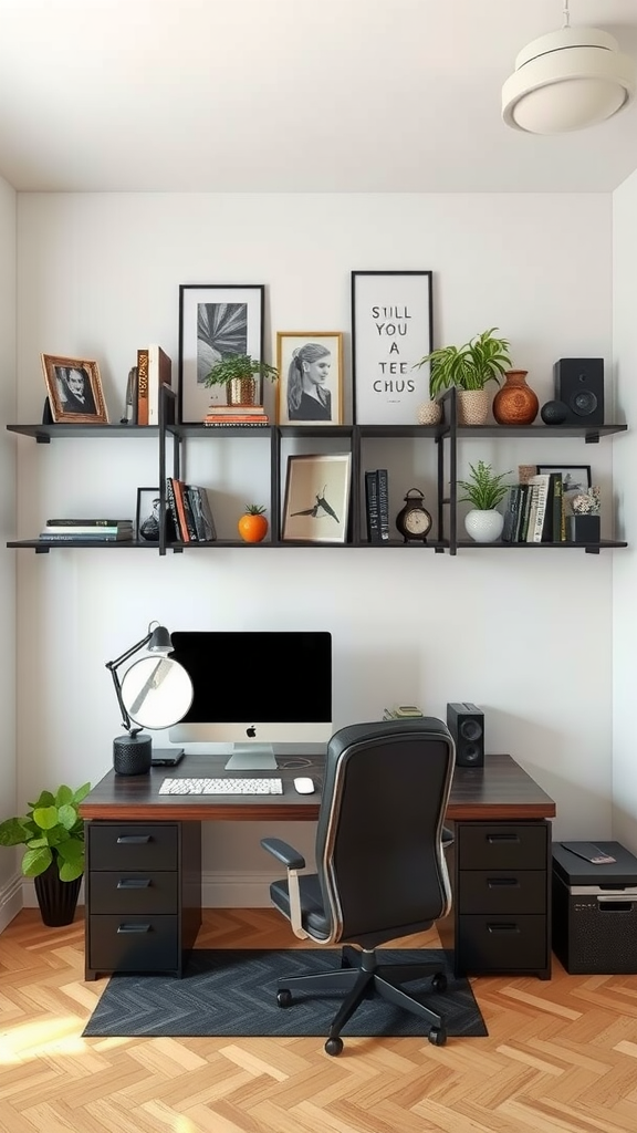 A stylish home office setup with a desk, chair, and wall shelves filled with books and decor.