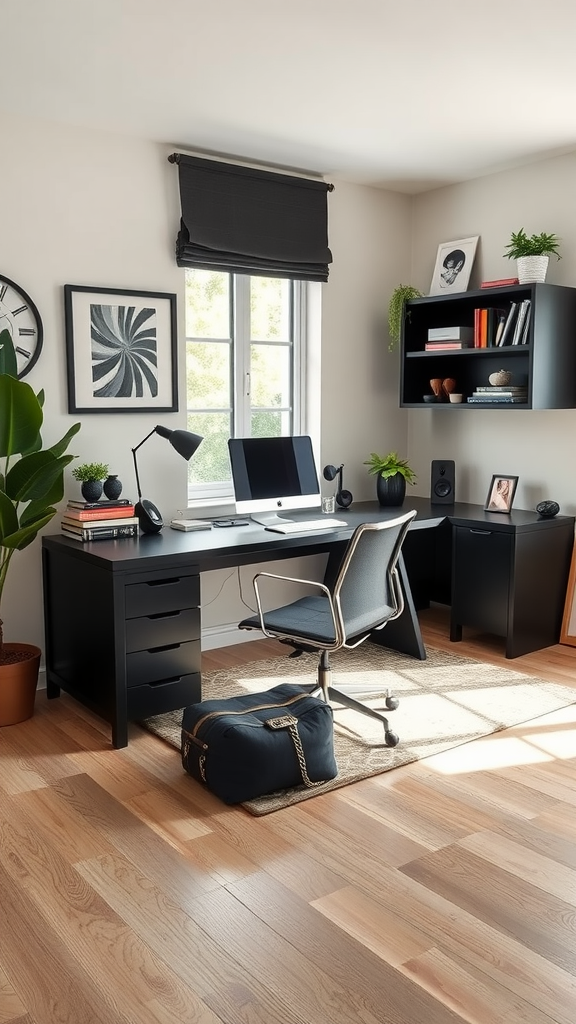 A well-organized home office featuring a black desk, a comfortable chair, and decorative elements.