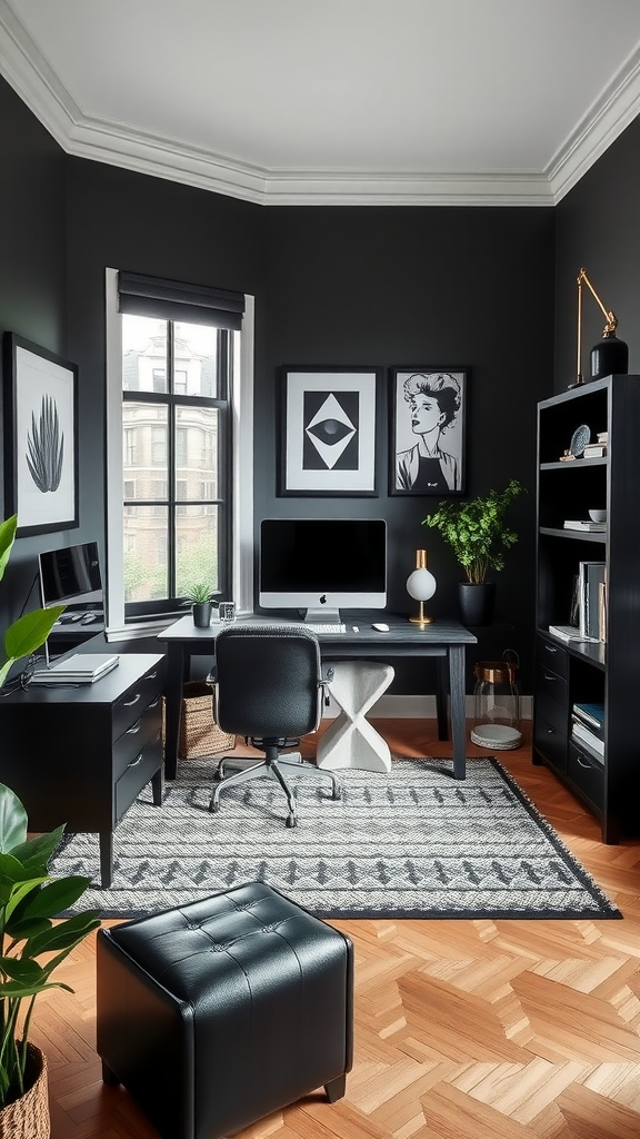 A modern, stylish office space with black furniture, a computer, and decorative elements.