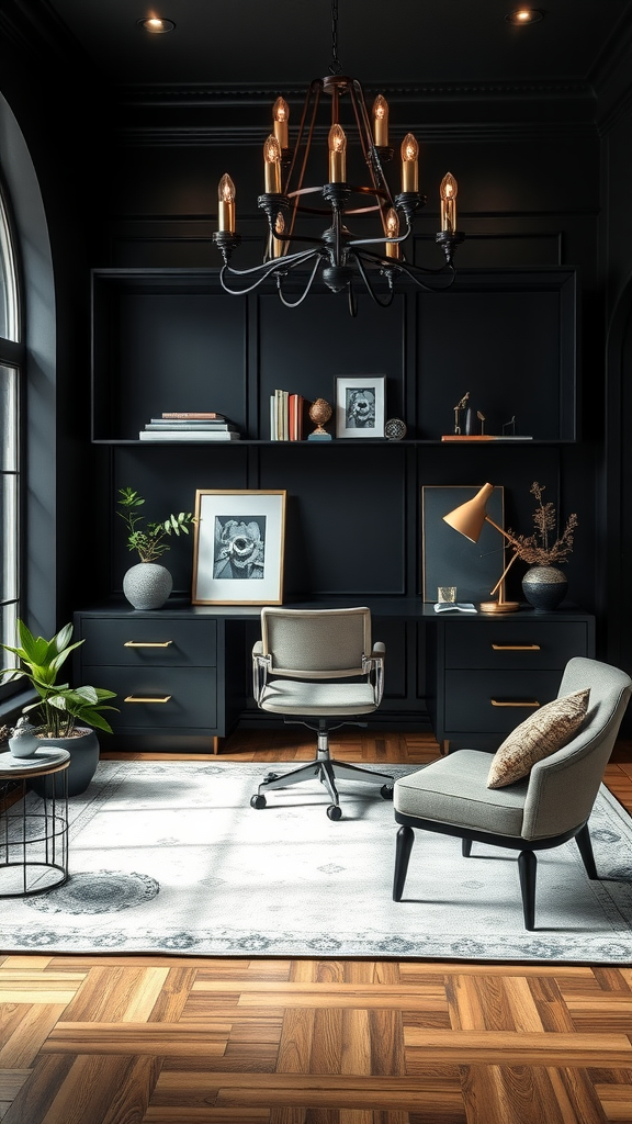 Cozy and stylish home office with dark decor and soft lighting.