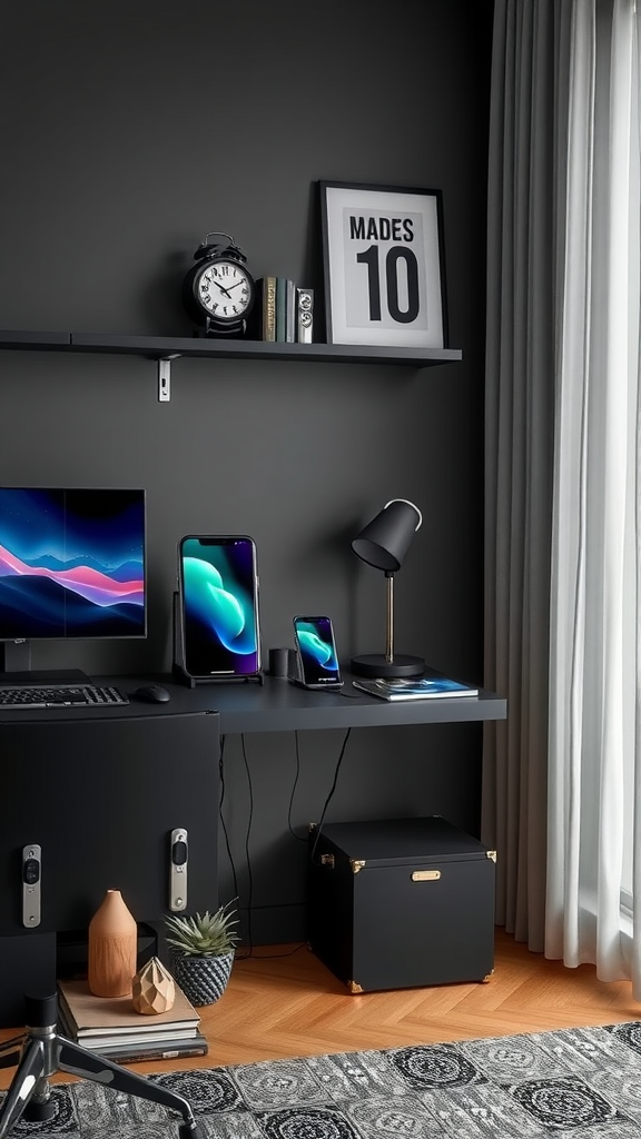 A modern desk setup with devices charging, a lamp, and decorative items.