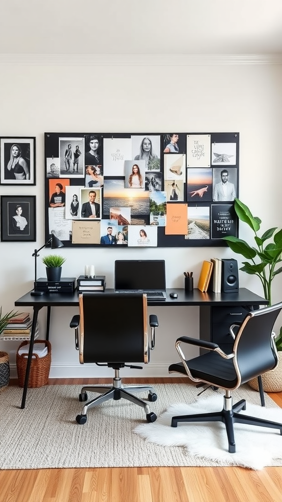 A stylish workspace with a vision board featuring various images and quotes.