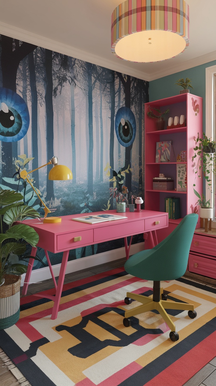 A colorful home office featuring a pink desk, playful chair, and whimsical forest mural.