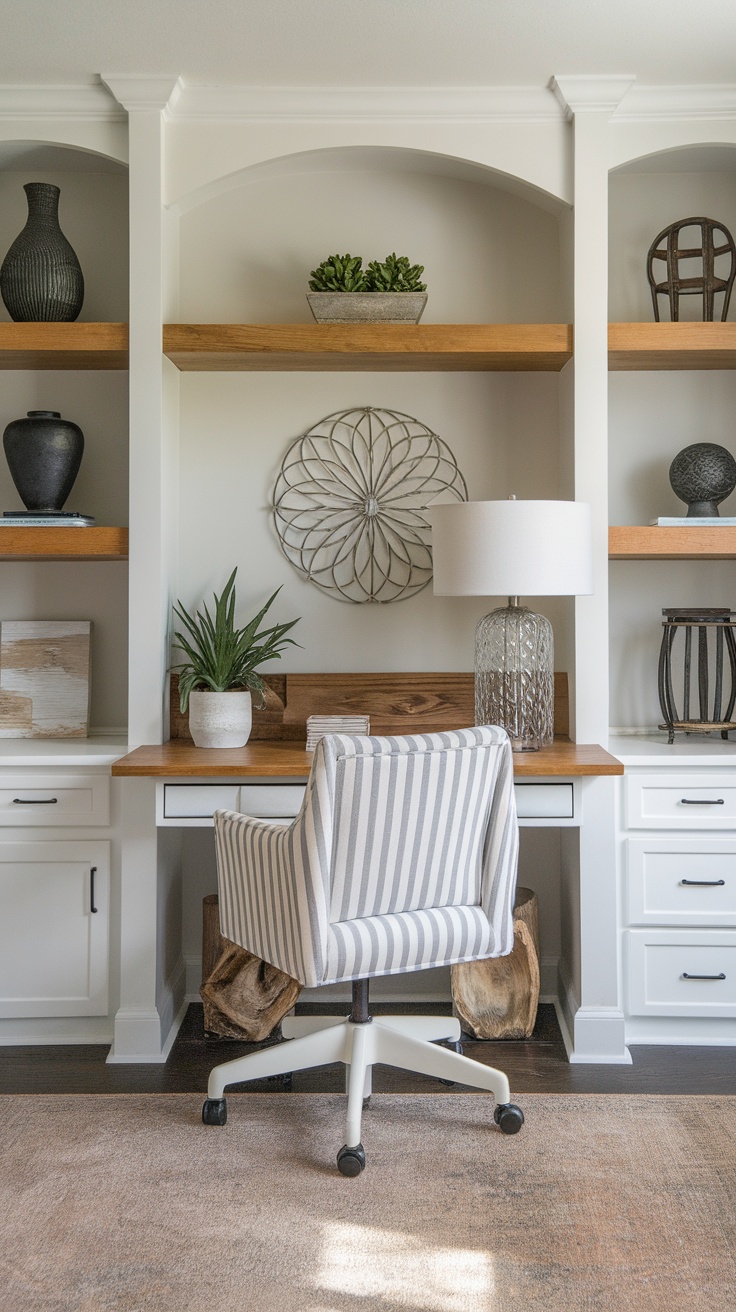 A stylish and cozy home office featuring a striped chair, wooden desk, decorative vases, and plants.