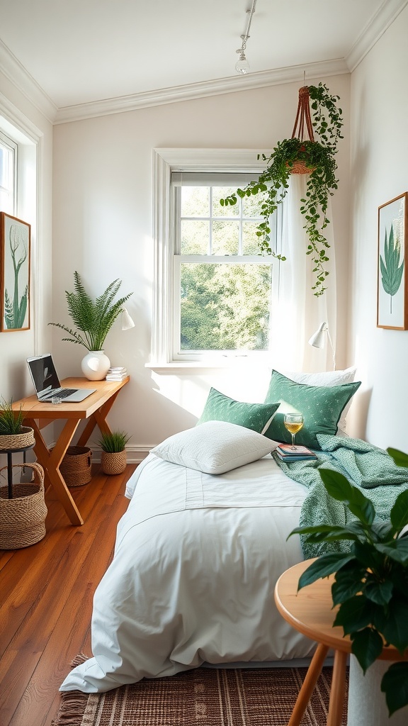 A cozy bedroom office setup featuring white walls, a green bedspread, wooden desk, and potted plants.