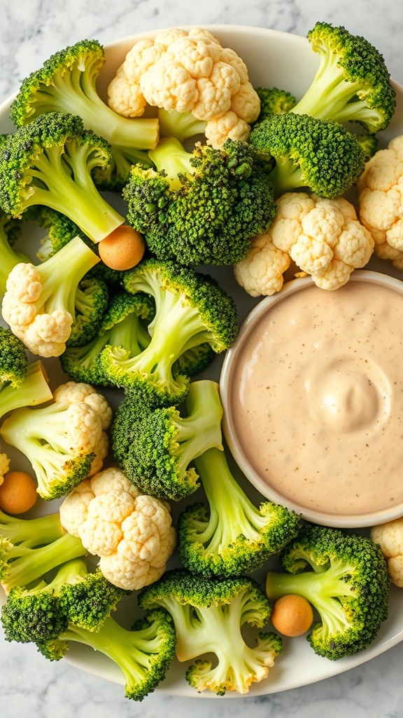 A plate of broccoli and cauliflower with a creamy dip.