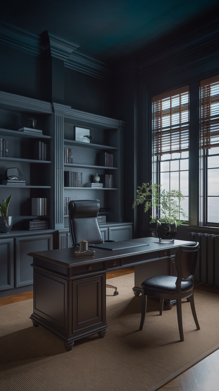 A stylish dark home office with a black desk, chair, and bookshelves, illuminated by natural light.