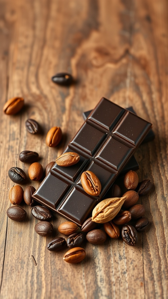 A bar of dark chocolate on a wooden surface surrounded by coffee beans and nuts.